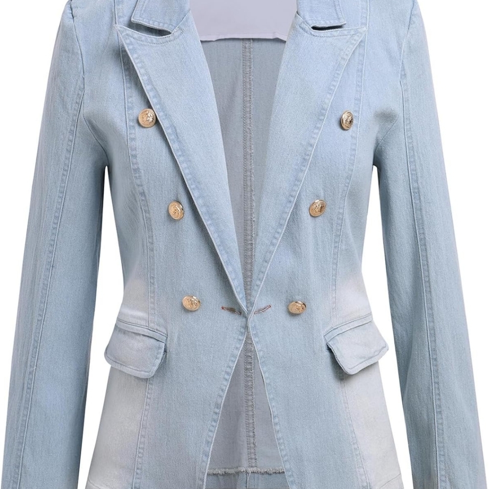 Light Blue Denim Double-Breasted Blazer Jacket